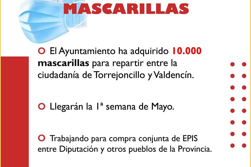 El Ayuntamiento de Torrejoncillo ha adquirido 10.000 mascarillas