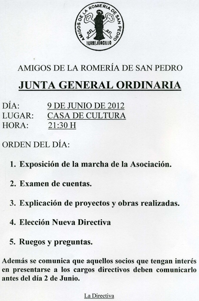 Junta General Ordinaria Amigos de la Romería de San Pedro