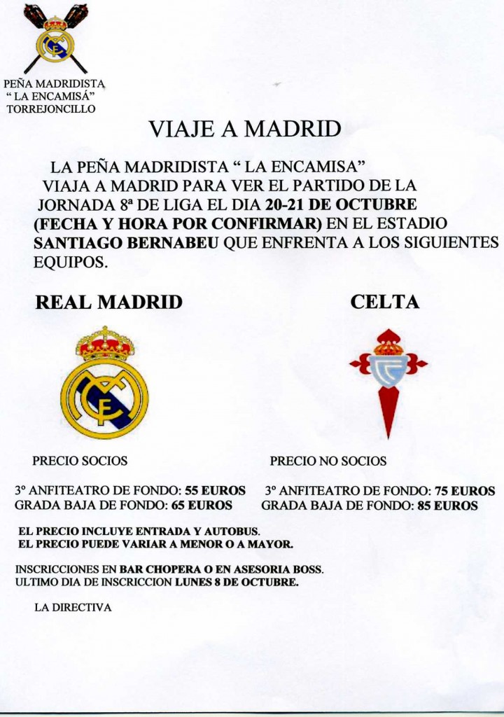 Viaje a Madrid de la Peña Madridista «La Encamisá» para ver el Real Madrid-Celta