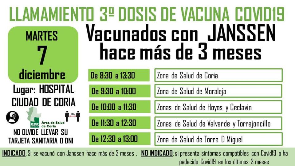 LLAMAMIENTO 3ª DOSIS VACUNA COVID-19 JANSSEN Y PFIZER