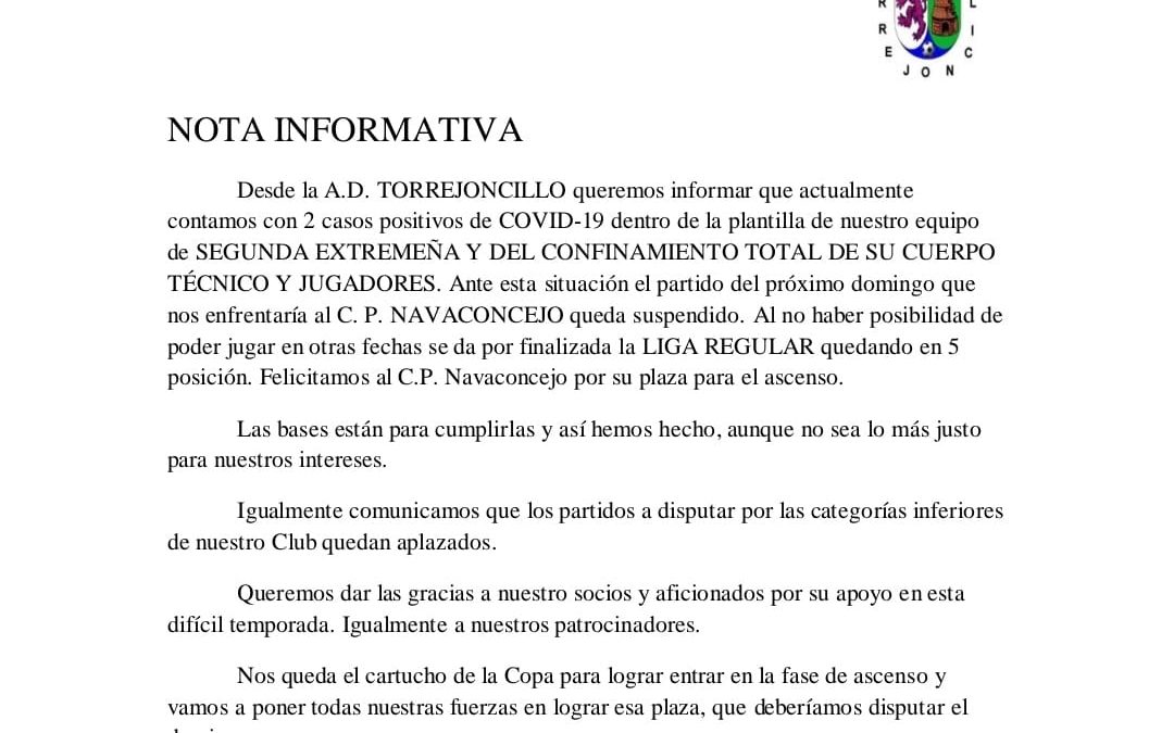 Se suspenden todos los encuentros del AD Torrejoncillo