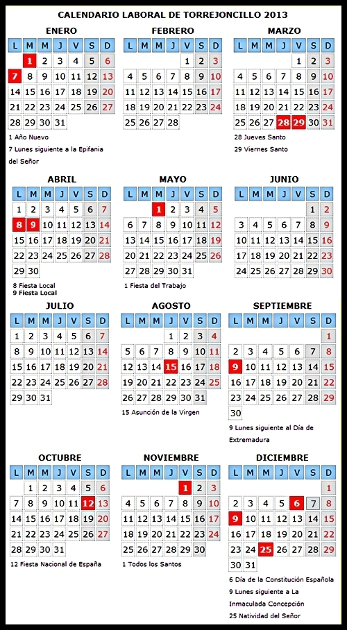 Calendario Laboral de Torrejoncillo 2013