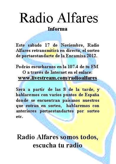 Radio Alfares retransmitirá en riguroso directo el sorteo de Portaestandarte de La Encamisá 2012 por FM e Internet