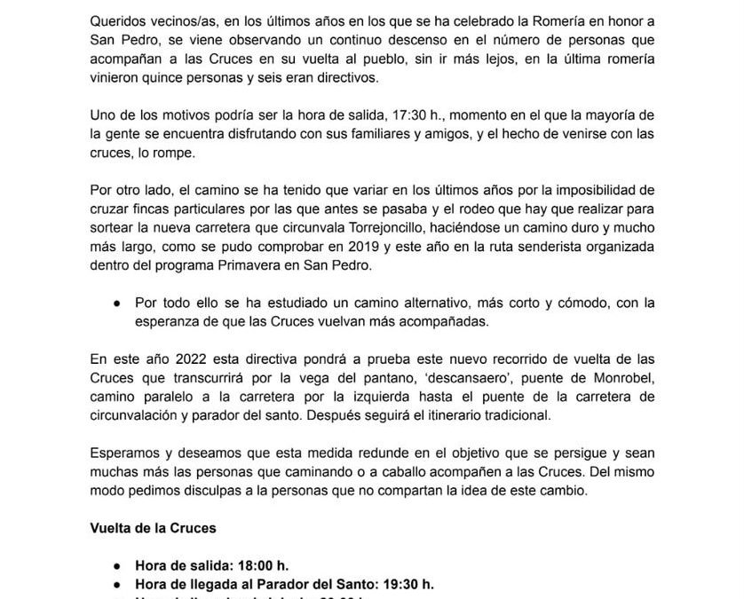 Comunicado Romeria de San Pedro 2022