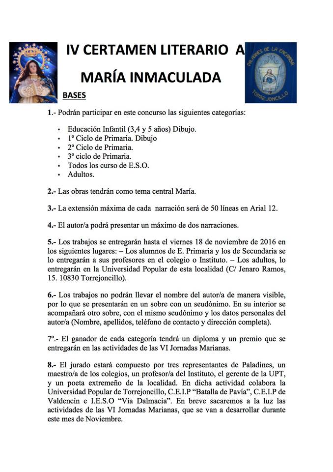 IV Certamen Literario a María Inmaculada