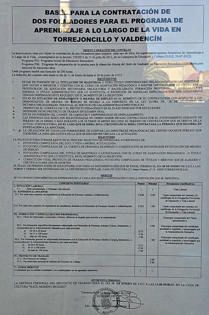 Bases para la contratación de dos formadores para el «Programa de Aprendizaje a lo largo de la vida» en Torrejoncillo y Valdencín