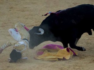 Fotografía: Diario Hoy. Momento de la cogida en el quinto de la tarde.