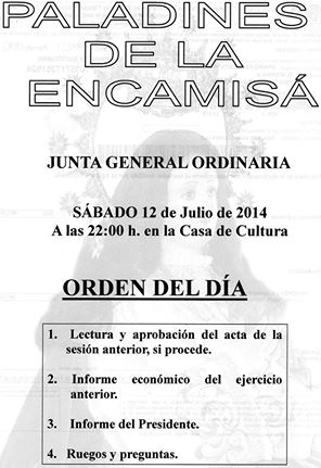 Este fin de semana Paladines de la Encamisa celebrara Junta General Ordinaria