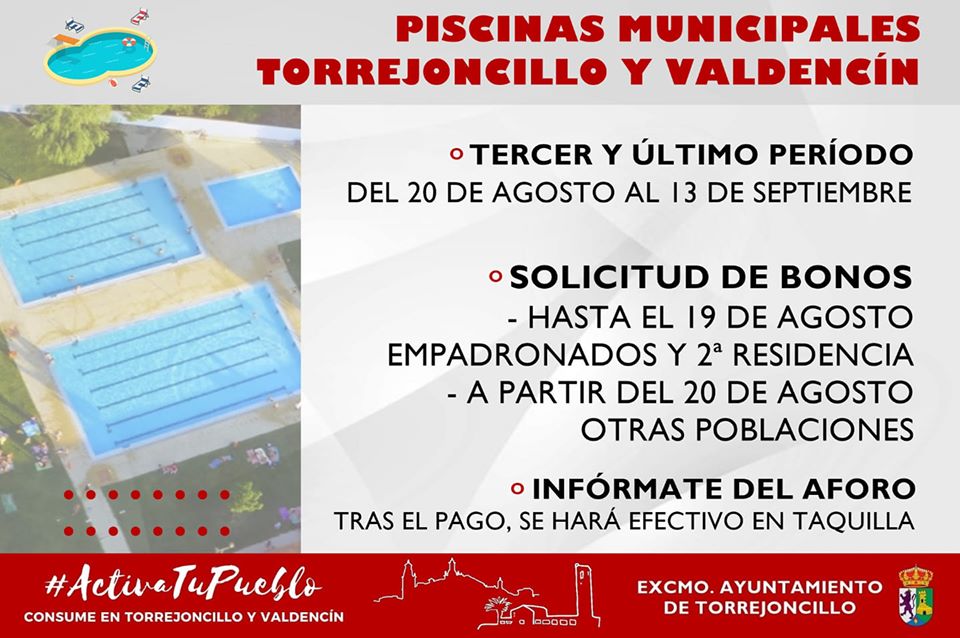 TERCER PERÍODO DE APERTURA DE LAS PISCINAS MUNICIPALES DE TORREJONCILLO Y VALDENCÍN