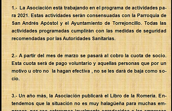 Comunicado Amigos de la Romeria de San Pedro