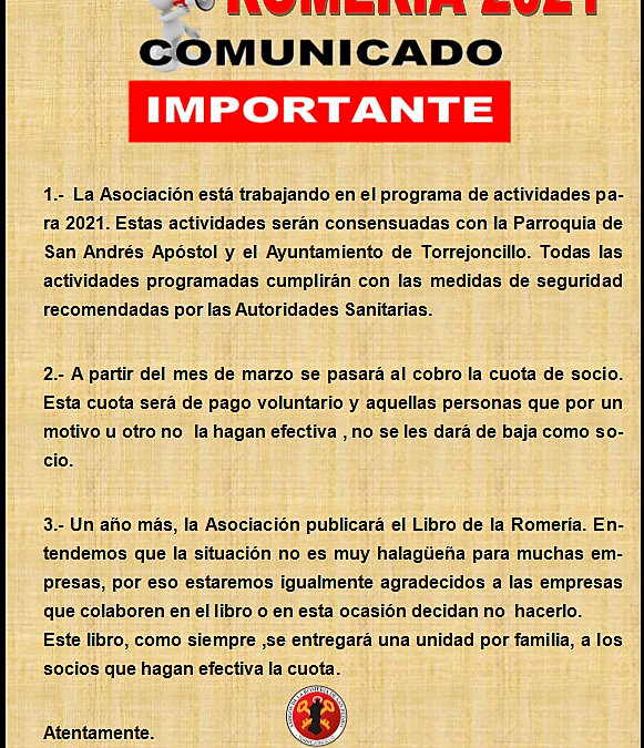 Comunicado Amigos de la Romeria de San Pedro