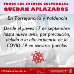 APLAZADOS TODOS LOS EVENTOS CULTURALES EN TORREJONCILLO Y VALDENCÍN