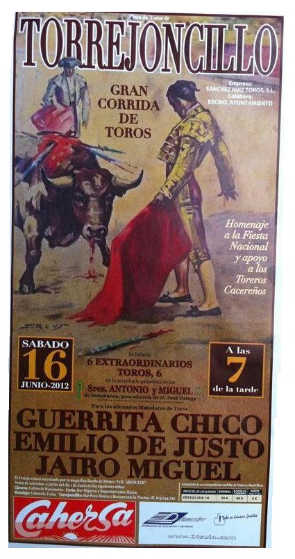 Sábado 16 de junio, toros en Torrejoncillo: astados de Antonio y Miguel para Guerrita Chico, Emilio de Justo y Jairo Miguel