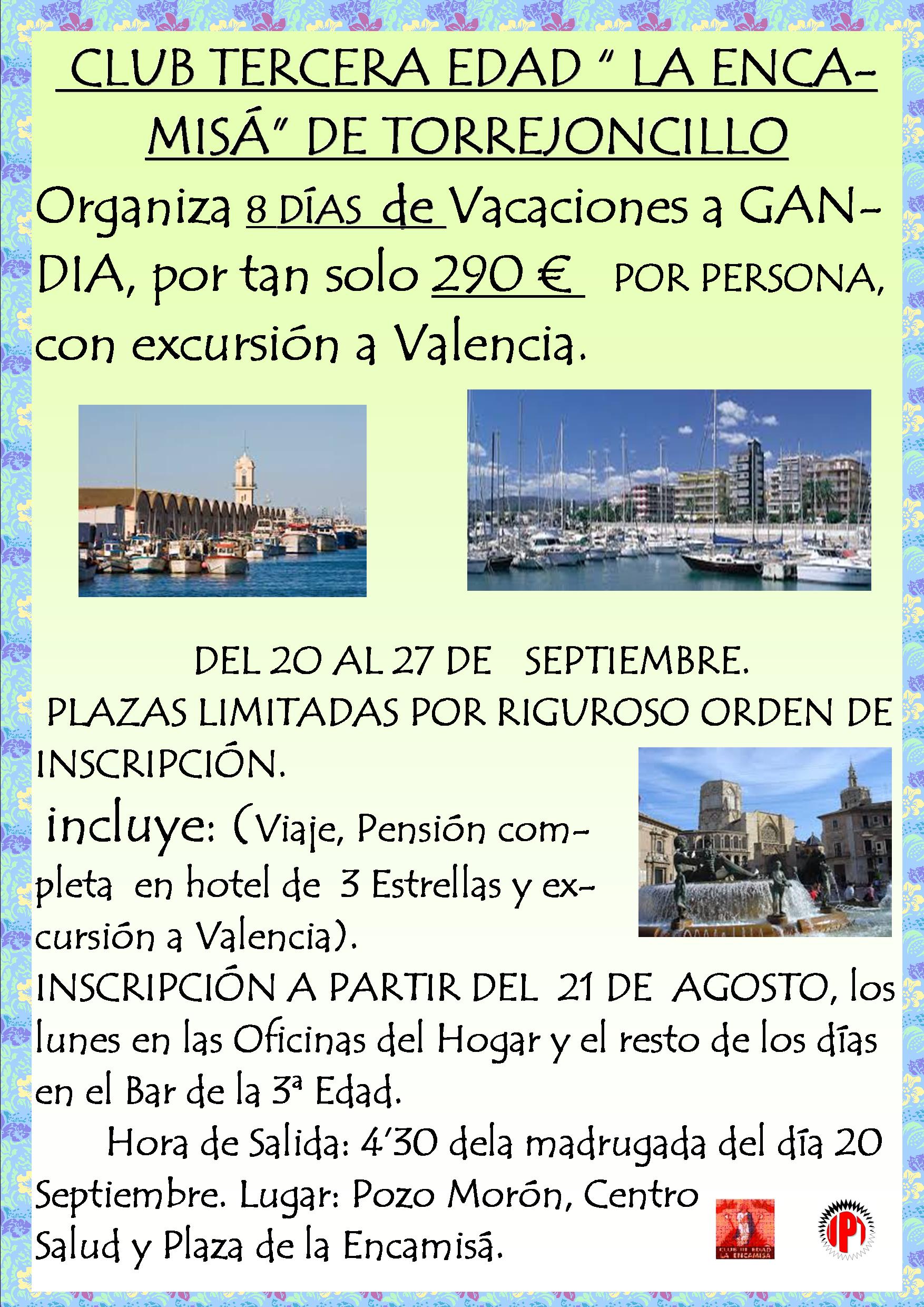 Club La Tercera Edad. organiza vacaciones a Gandia