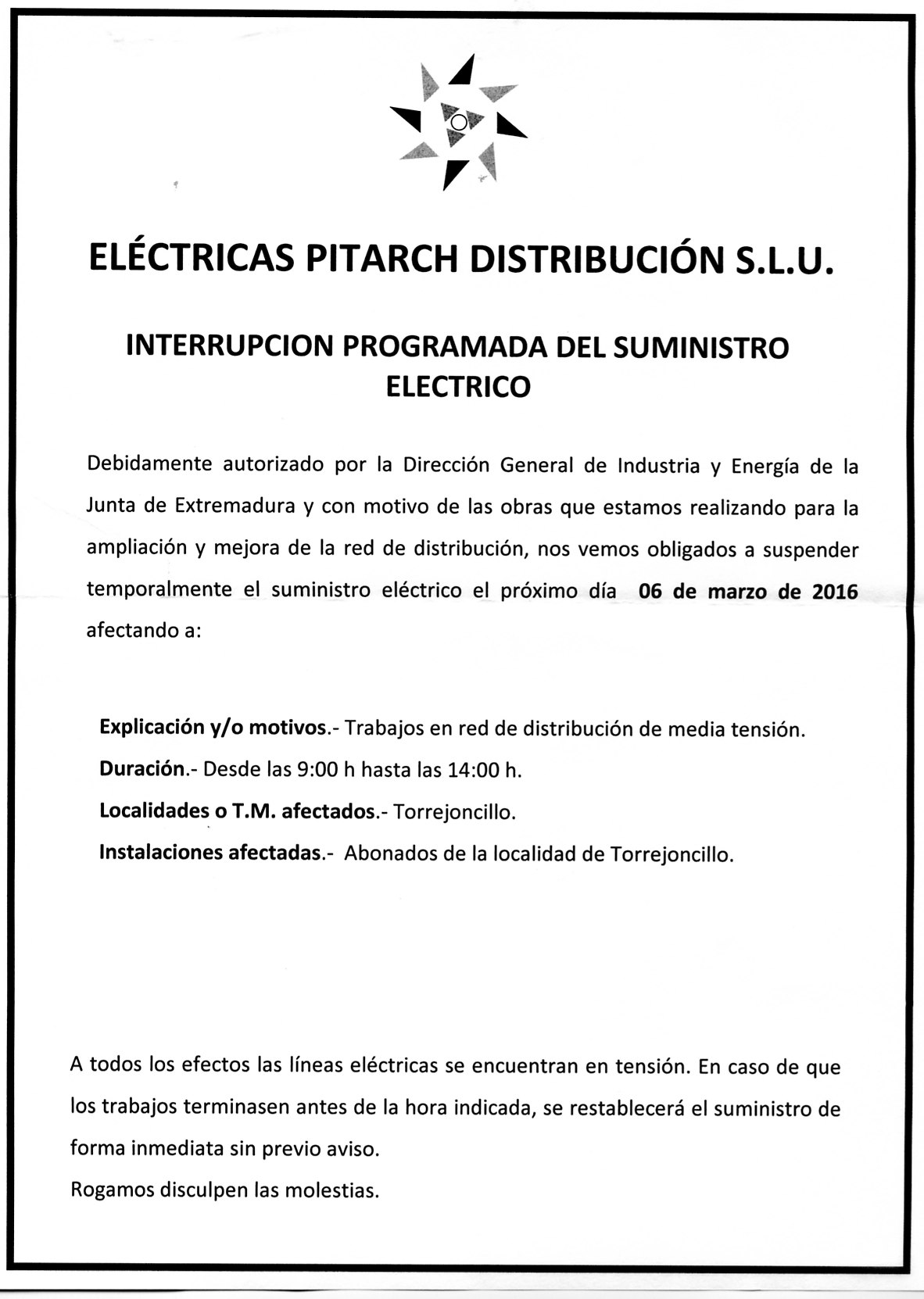 Interrupción programa de suministro eléctricas Pitarch