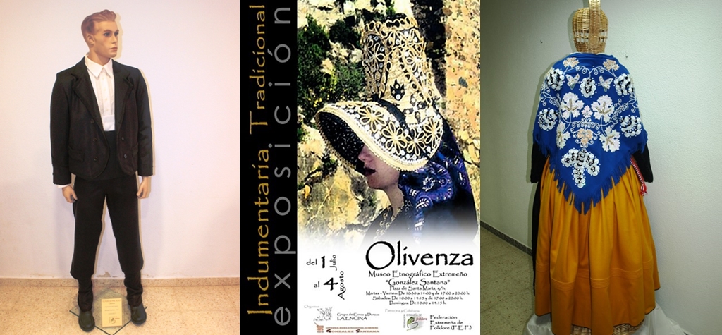 Los trajes de pañero (izquierda) y de mujer con pañuelo del gajo (derecha) de Torrejoncillo, son expuestos en Olivenza - FEDERACIÓN EXTREMEÑA FOLKLORE